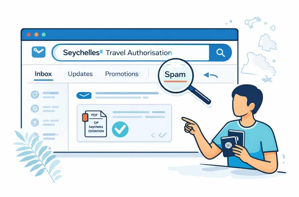 Flat vector illustration, clean UI style. Large email inbox interface with tabs (Inbox, Updates, Promotions, Spam) and a prominent search bar. A magnifying glass highlights search keywords "Seychelles" and "Travel Authorisation"; an email thread shows a PDF attachment with a checkmark. Abstract faceless character points calmly at the Spam folder and then to the PDF. Deep blue and turquoise primary palette with teal island accents. Minimal white/grey background with a faint Seychelles map outline and a subtle palm leaf silhouette. Modern tech vibe, calm and secure, no photorealism, no brand logos, clean lines, semi-flat shading.