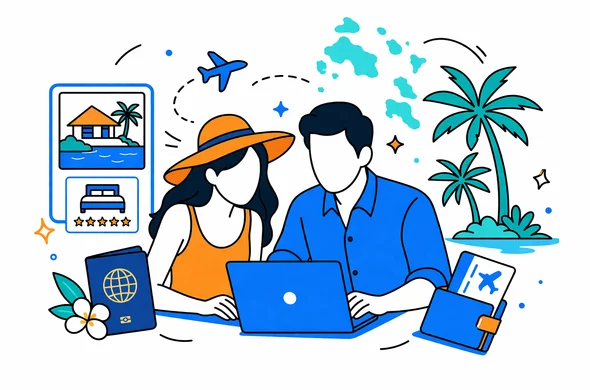 Flat vector illustration of an abstract faceless couple on honeymoon planning a Seychelles resort stay on a laptop, with digital travel documents and passports around, modern tech style, deep blue and turquoise colors with teal island accents, calm and organized atmosphere, minimalist white background with a faint outline of Seychelles islands and palm trees