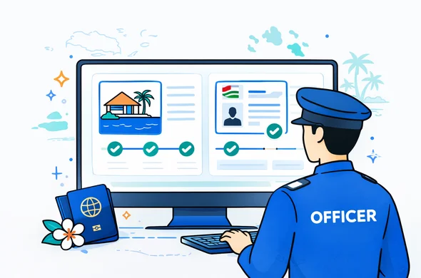Semi flat 2D vector illustration of an abstract border control officer reviewing a Seychelles hotel booking and travel authorisation on a large computer screen, modern interface with check marks and timelines, deep blue and turquoise palette with teal accents, calm and safe atmosphere, minimalist light grey background with a faint outline of Seychelles islands and palm trees