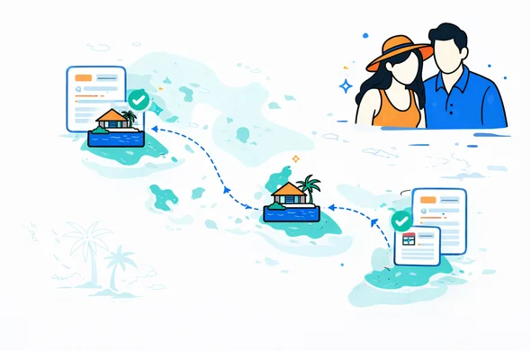 Flat vector illustration of an abstract map style itinerary between Seychelles islands with small resort icons and digital booking documents, calm modern design, deep blue and turquoise main colors with teal accents, abstract faceless couple icon, minimalist white background with faint outline of Seychelles archipelago