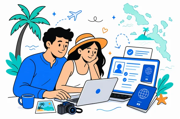 Flat modern vector illustration of an abstract couple planning a Seychelles honeymoon trip on a laptop with digital entry permit forms and a passport on screen, deep blue and turquoise Aid Air color palette with teal island accents, calm organized atmosphere, minimalist white background with faint outline of Seychelles islands in the distance