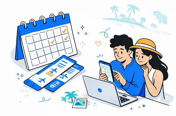 Semi flat isometric illustration of a calendar and flight tickets for a Seychelles honeymoon, abstract couple checking travel dates on a smartphone, deep blue and turquoise Aid Air palette with teal beach accents, calm efficient atmosphere, minimalist light background with faint outline of palm trees and Seychelles coastline