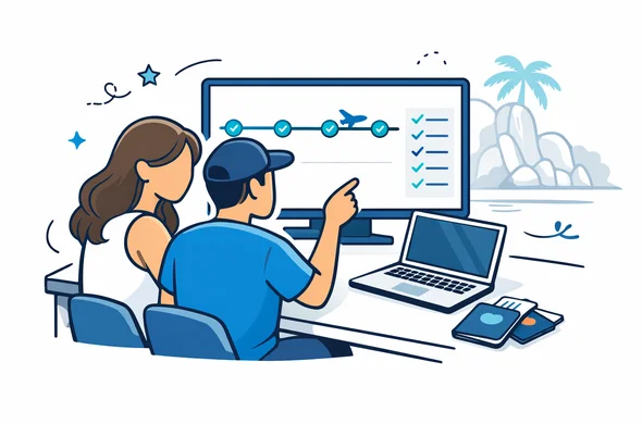 Flat or semi-flat vector illustration, clean lines, modern tech feel. A calm honeymoon couple (faceless, neutral skin tones) sitting at a minimalist desk with a laptop and passports, reviewing a simple timeline checklist for Seychelles travel authorization. Deep blue and turquoise primary palette (Aid-Air brand) with a teal island accent. Minimal white/grey background with a faint silhouette outline of the Seychelles iconic granite boulders (Anse Source dArgent) as a subtle landmark. Calm, organized, safe, efficient. No photorealism, no detailed faces, no real logos.