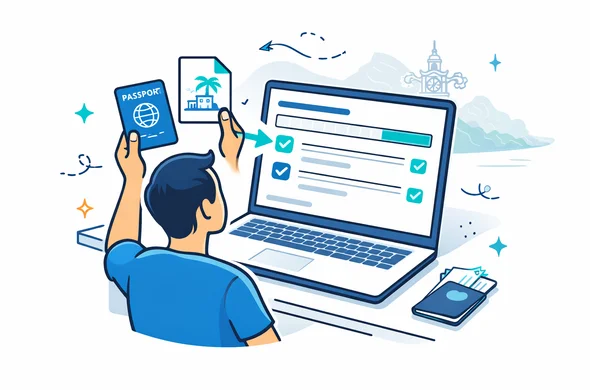 Flat or semi-flat vector illustration, isometric or clean 2D. An abstract faceless traveler uploading passport and hotel booking files into a sleek digital form on a laptop, with checkmarks and a progress bar. Deep blue and turquoise primary palette, teal island accent for Seychelles. Minimal white/grey background with a faint outline of the Victoria Clock Tower (Seychelles landmark) as a subtle silhouette. Calm, organized, safe, efficient, modern tech feel. No photorealism, no realistic faces, no real logos.