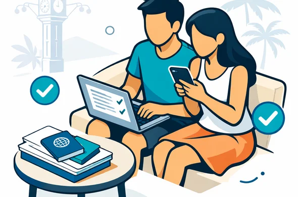 Flat or semi-flat vector illustration, clean modern tech feel, calm atmosphere. Isometric scene of a honeymoon couple (abstract faceless characters, neutral skin tones) sitting together with a laptop and a smartphone, filling out a Seychelles Travel Authorisation online form. Passports and a tidy stack of documents on a small table, subtle checkmark icons. Primary palette deep blue and turquoise (Aid-Air brand), accent sea-teal and a hint of sandy beige for Seychelles. Minimal white/grey background with a faint silhouette outline of the Victoria Clocktower in Seychelles and gentle palm shapes. No photorealism, no detailed faces, clean lines, organized and safe vibe.