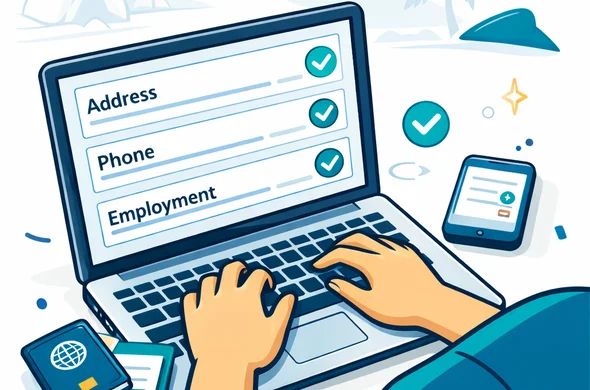 Flat or semi-flat vector illustration with clean lines, modern tech UI feel. Isometric close-up of an online application form with highlighted fields labeled Address, Phone, Employment, showing checkmarks and subtle validation icons. Abstract faceless character typing on a laptop, smartphone nearby, passport and document icons arranged neatly. Primary deep blue and turquoise palette, accent sea-teal for Seychelles, minimal white/grey background with a faint outline silhouette of La Digue granite boulders and a palm. Calm, organized, safe. No photorealism, no facial features.