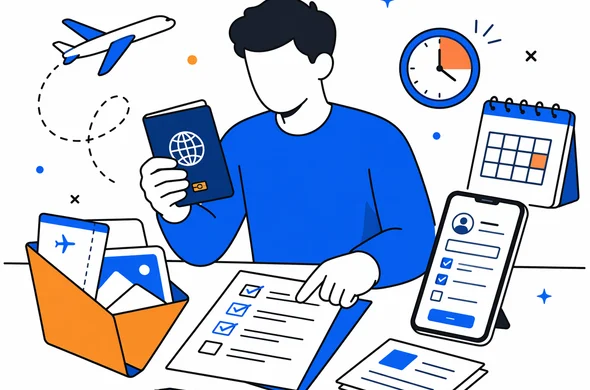 Flat semi-flat vector illustration, abstract faceless person organizing passport details, itinerary and mobile form before urgent travel application, minimal background, calm organized atmosphere, Aid-Air palette