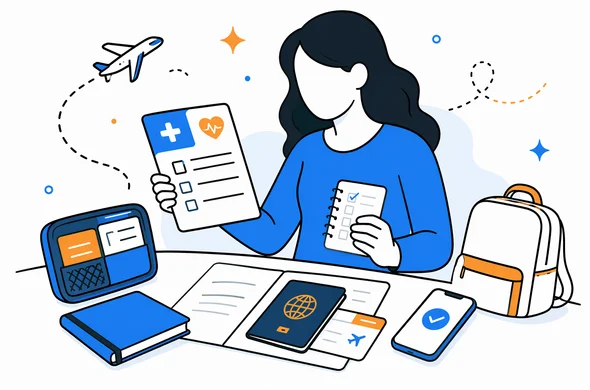 Flat semi-flat vector illustration of a faceless traveler organizing medical notes, passport, phone and trip documents for Seychelles entry preparation, calm modern tech feel, minimal background, Aid-Air palette.