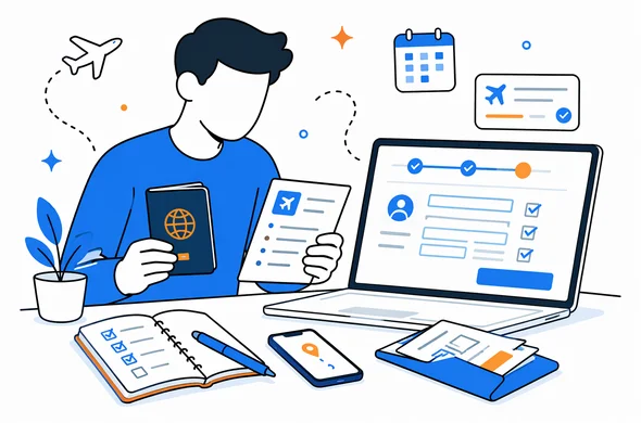 Flat semi-flat vector illustration of a faceless traveler checking passport, travel details and digital form before Seychelles entry submission, clean modern interface, calm organized atmosphere, minimal background, Aid-Air palette.