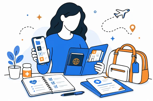 Flat semi-flat vector illustration of a calm faceless traveler preparing for a trip with organized phone documents, travel folder and medical notes, modern tech feel, minimal background, Aid-Air palette.