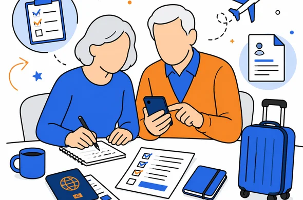 Flat semi-flat vector illustration of senior travelers organizing a digital entry permit application with passport, phone, printed notes and calm modern travel workflow, faceless abstract characters, minimal background, Aid-Air palette.