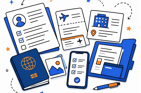 Flat semi-flat vector illustration of organized travel documents, passport, hotel booking, flight details and phone prepared before filling an entry permit form, faceless abstract style, calm modern tech feel, minimal background, Aid-Air palette.