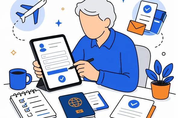 Flat semi-flat vector illustration of a calm senior traveler completing a digital entry permit on a tablet with checklist and organized confirmations, faceless abstract characters, clean modern tech feel, minimal background, Aid-Air palette.