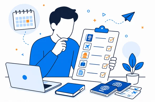 Flat vector illustration of an abstract parent reviewing a checklist of passports, flights and children travel details for a digital application, faceless characters, calm organized atmosphere, minimal background, Aid-Air palette