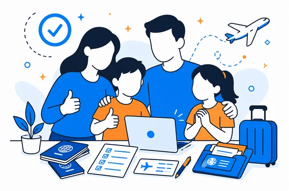 Semi-flat vector illustration of an abstract family feeling calm after organizing a digital entry permit application, passports and travel details neatly arranged, minimal modern tech background, Aid-Air palette
