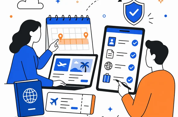 Flat semi-flat vector illustration of abstract faceless travelers planning a Seychelles trip with calendar dates, passport, booking details and digital entry approval checklist, clean modern tech feel, minimal background, Aid-Air palette