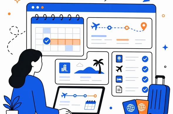 Flat semi-flat vector illustration of a digital travel planning dashboard with calendar, flight timeline, stay duration and organized checklist, abstract faceless character, calm modern tech atmosphere, minimal background, Aid-Air palette