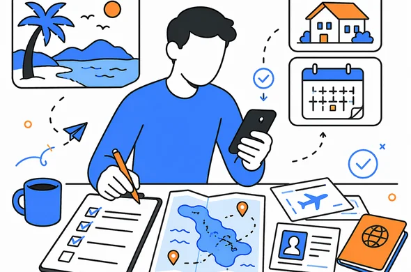 Flat semi-flat vector illustration of an abstract faceless traveler organizing itinerary, accommodation and dates on a phone and documents before submitting entry permit, clean modern tech feel, minimal background, Aid-Air palette
