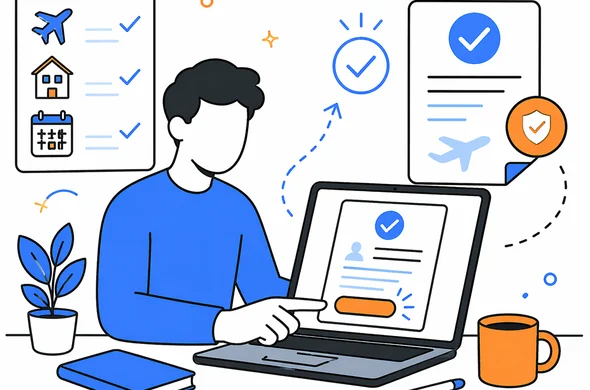 Flat semi-flat vector illustration of an abstract faceless traveler calmly submitting a digital entry permit after checking itinerary details, clean modern tech feel, minimal background, organized atmosphere, Aid-Air palette