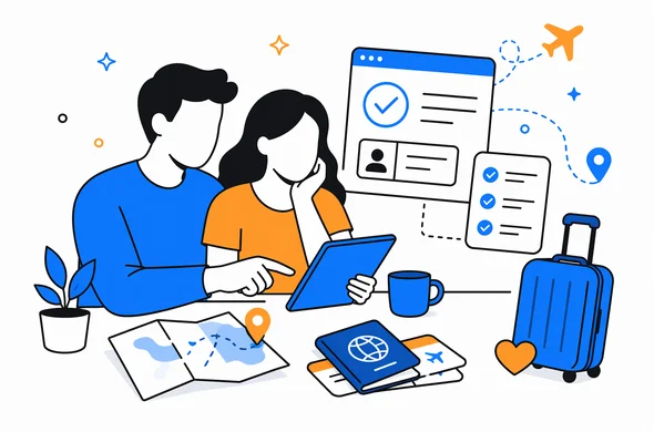 Flat semi-flat vector illustration of an abstract faceless couple calmly planning a honeymoon trip with digital entry permit steps, passport, phone, checklist, clean modern tech feel, minimal background, Aid-Air palette.