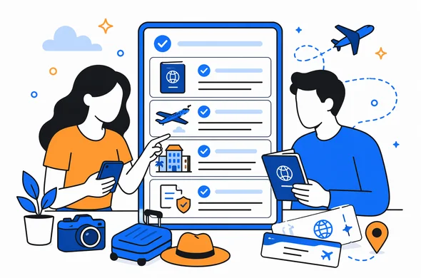 Flat semi-flat vector illustration of a digital travel checklist for a couple, passport details, flight info, accommodation icons, calm organized interface, faceless abstract characters, minimal background, Aid-Air palette.