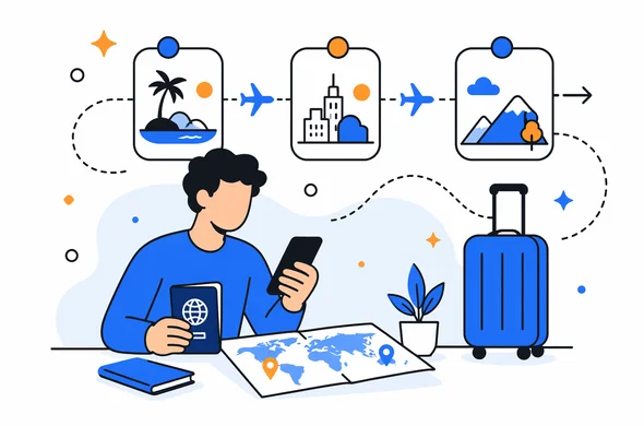Flat semi-flat vector illustration of an abstract traveler planning a multi-country trip including Seychelles, with phone, passport, itinerary cards and calm organized travel flow, clean modern tech feel, minimal background, Aid-Air palette
