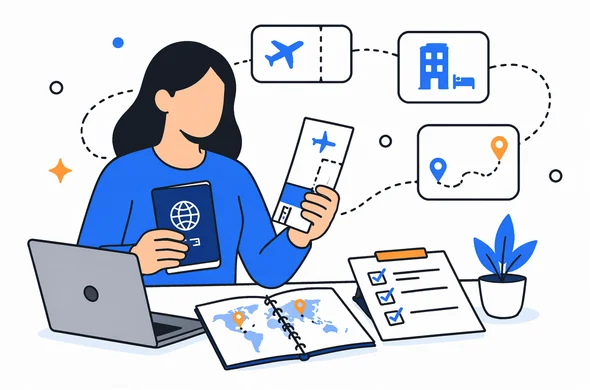 Flat semi-flat vector illustration of faceless abstract traveler comparing passport, tickets, hotel booking and route details for a multi-country trip, calm organized atmosphere, minimal background, Aid-Air palette