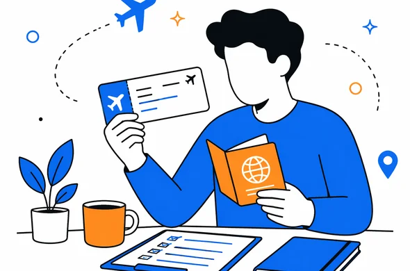 Flat semi-flat vector illustration of an abstract faceless traveler reviewing a one-way flight ticket, passport and travel documents for Seychelles, calm organized atmosphere, minimal background, modern tech feel, Aid-Air palette