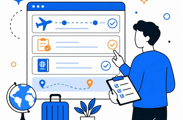 Flat semi-flat vector illustration of a clean travel dashboard showing matching flight dates, entry approval and itinerary checks, faceless abstract character, calm organized atmosphere, minimal background, Aid-Air palette