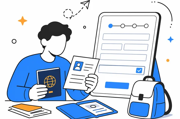 Flat semi-flat vector illustration of an abstract faceless traveler pausing to review passport and travel documents next to a digital application form, clean modern tech feel, calm organized atmosphere, minimal background, Aid-Air palette.