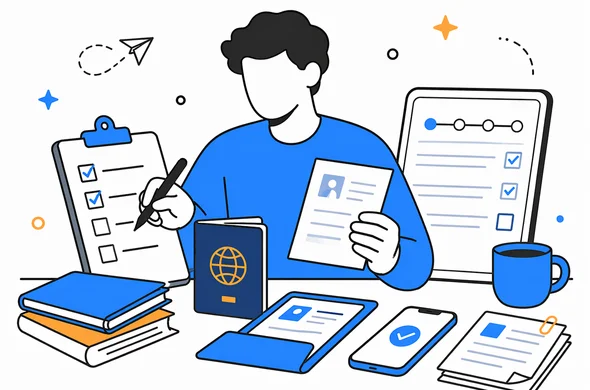 Flat semi-flat vector illustration of an abstract faceless traveler organizing a paused entry application with checklist, passport, phone and documents, clean modern tech feel, calm organized atmosphere, minimal background, Aid-Air palette.
