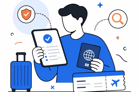 Flat semi-flat vector illustration of a traveler comparing a digital entry approval with passport and flight ticket, calm organized atmosphere, faceless abstract character, minimal background, Aid-Air palette, clean modern tech feel