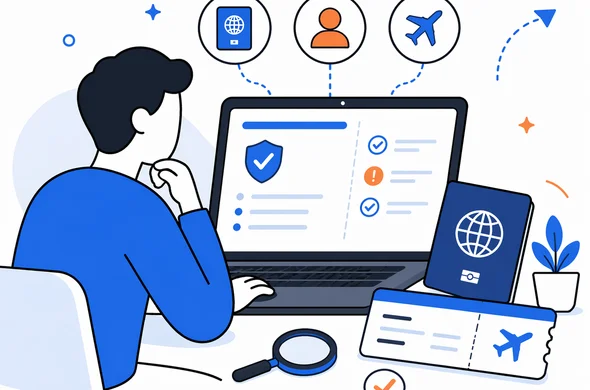 Flat vector illustration of digital travel document review on a laptop with passport and flight details beside it, faceless abstract character, calm organized atmosphere, minimal background, Aid-Air palette, clean modern tech feel