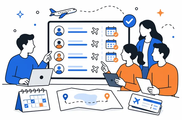 Flat semi-flat vector illustration of organized travel date and flight coordination for multiple travelers, faceless abstract characters, clean dashboard style, minimal background, Aid-Air palette