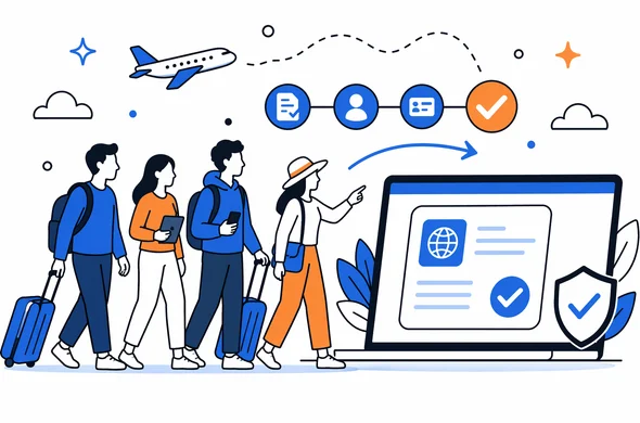 Flat semi-flat vector illustration of a small group calmly moving forward with a digital travel authorization process after organized preparation, faceless abstract characters, modern minimal background, Aid-Air palette