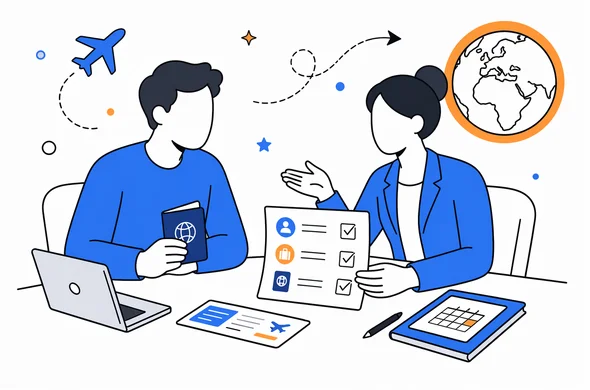 Flat semi-flat vector illustration, modern travel planning desk with abstract faceless traveler and travel agent reviewing passport, booking and entry authorization checklist, calm organized atmosphere, minimal background, Aid-Air palette
