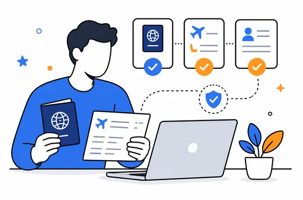 Flat semi-flat vector illustration, abstract faceless character comparing passport, booking confirmation and digital entry approval on laptop, clean modern tech feel, organized minimal background, Aid-Air palette