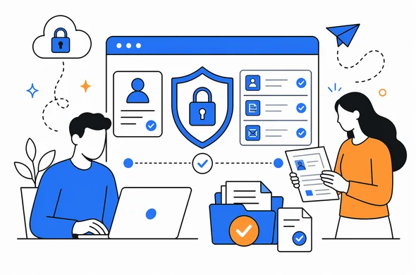 Flat semi-flat vector illustration of a calm secure digital travel application process, abstract faceless characters, organized documents, shield and browser window, minimal background, clean modern tech feel, Aid-Air palette.