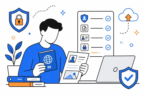 Flat semi-flat vector illustration of abstract faceless user reviewing passport and travel documents before upload, privacy checklist and shield icons, calm organized atmosphere, minimal background, clean modern tech feel, Aid-Air palette.