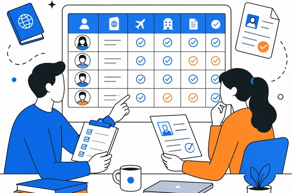 Flat semi-flat vector illustration, clean modern tech feel, faceless abstract characters reviewing an organized checklist table of passenger details and documents for a group trip, calm organized atmosphere, minimal background, Aid-Air palette.