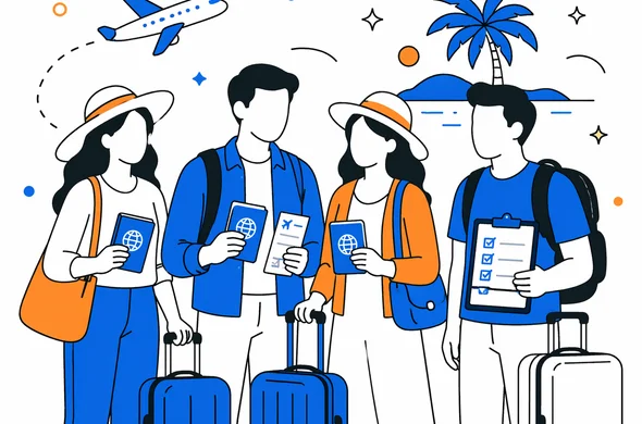 Flat semi-flat vector illustration, clean modern tech feel, faceless abstract characters calmly prepared for a group flight to a wedding in Seychelles, organized documents, minimal background, Aid-Air palette.