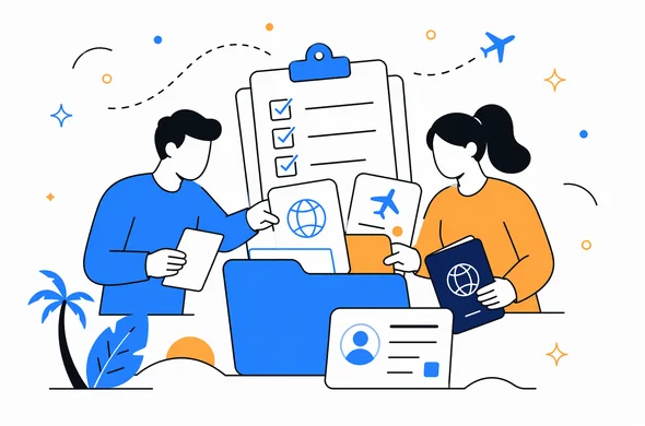 Flat semi-flat vector illustration, clean modern tech feel, faceless abstract characters organizing travel documents for Seychelles, calm organized atmosphere, minimal background, Aid-Air palette.