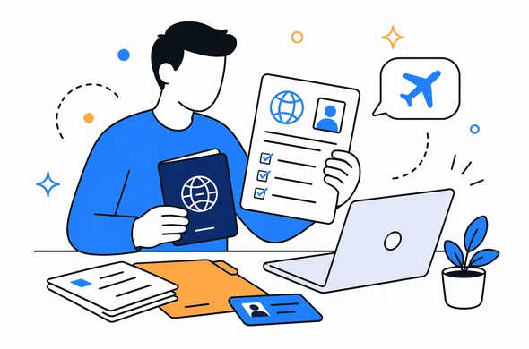 Flat semi-flat vector illustration, clean modern tech feel, faceless abstract characters arranging passport and travel documents before an online application, calm organized atmosphere, minimal background, Aid-Air palette.