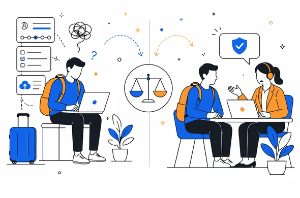 Flat modern vector illustration comparing self-submission versus guided support for Seychelles entry permit, abstract faceless travelers, calm organized layout, minimal background, Aid-Air palette.