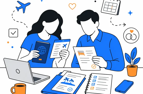 Flat semi-flat vector illustration, clean modern tech feel, faceless abstract characters checking passport details, booking confirmations and travel documents before a destination wedding trip, calm organized atmosphere, minimal background, Aid-Air palette