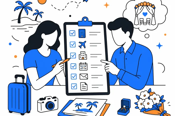 Flat semi-flat vector illustration, clean modern tech feel, faceless abstract characters reviewing a travel checklist for Seychelles destination wedding documents, calm organized atmosphere, minimal background, Aid-Air palette
