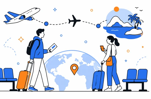 Flat vector illustration of a travel route with a connecting flight to Seychelles, clean airport signage, abstract faceless travelers, calm organized atmosphere, minimal background, modern tech feel, Aid-Air palette
