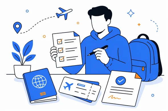 Flat semi-flat vector illustration of organized travel documents check before a connecting flight, passport, tickets, approval paper, abstract faceless characters, clean modern tech style, minimal background, Aid-Air palette