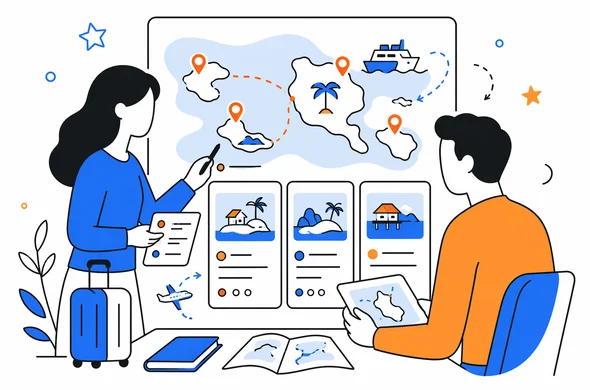 Flat vector illustration of abstract travelers planning island hopping in Seychelles, reviewing itinerary cards and island route, calm organized travel planning scene, minimal background, clean modern tech feel, Aid-Air palette, faceless characters
