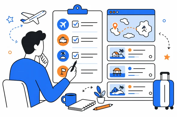 Flat vector illustration of a clean travel checklist for island hopping, with flight dates, accommodation cards, and route planning elements, abstract faceless character, minimal modern SaaS style, Aid-Air palette